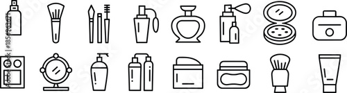 Beauty and cosmetic product icon set with makeup tools, perfume bottles, skincare containers, and mirror symbols, minimal line vector collection for salon branding, app UI, and fashion design