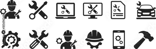 Black repair and maintenance icons featuring tools, gears, laptops, smartphones, and hard hats for engineering, technical support, mechanical work, and service projects