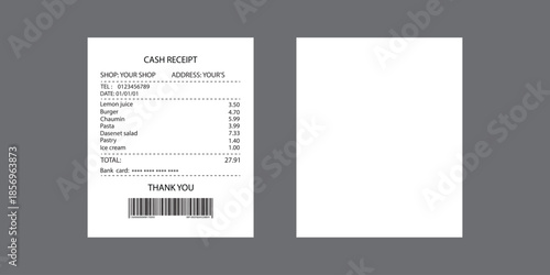Receipts vector illustration of realistic payment paper bills for cash or credit card transaction.