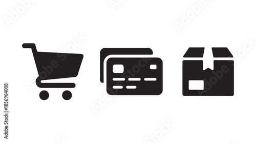 Shopping Cart, Credit Card, and Parcel Icons in Simple Flat Design with Black Color on White Background for E-commerce