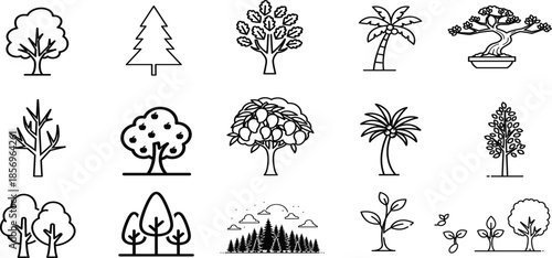 Collection of various tree illustrations in black and white
