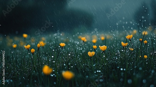 A rich meadow on a rainy day where thousands of tiny water droplets blanket every blade of grass and flower petal