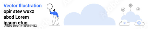 Man holding magnifying glass analyzing data, large cloud, connected cloud icons for sharing, analytics, and storage. Ideal for tech, data sharing, cloud services, IT networking analytics simple