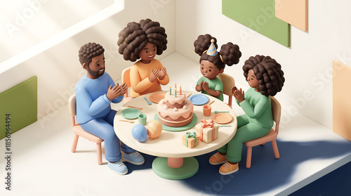 African American family celebrating birthday at table with cake, gifts and balloons, 3D illustration