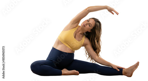 Serene young woman practicing yoga poses on isolated transparent background perfect for health and