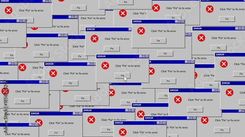 Computer error alert popups filling the screen. Old windows os critical system crash. Mouse click fix button to repair. Comp failure with multiple error windows covering display. Hacker attack.