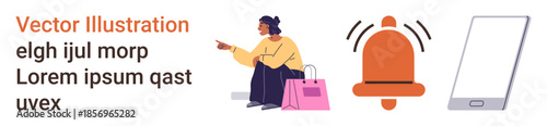 Consumerism, online shopping, digital alerts, mobile notifications, modern lifestyle, technology use. Woman pointing beside a smartphone and ringing alert symbol. Consumerism and online shopping