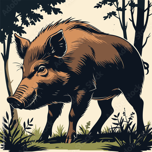 vector image of a wild boar in the forest