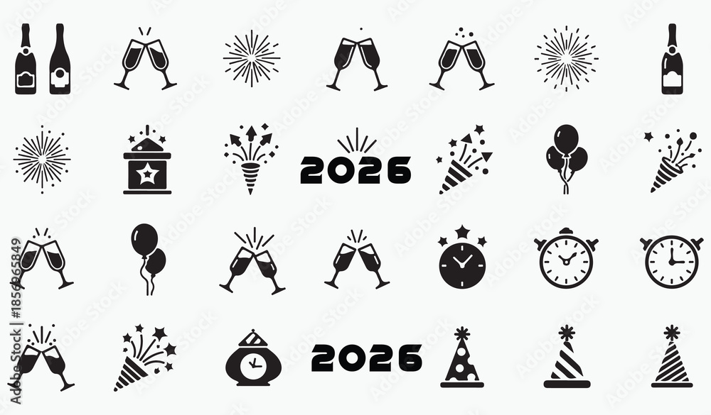 Fototapeta premium Happy New Year 2026 Celebration Vector Icon Elements Set