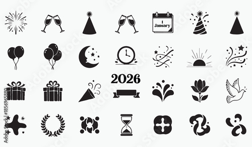 New Year celebration icon mega bundle with fireworks and party