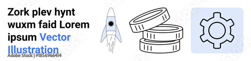 Rocket representing innovation, coins symbolizing wealth, and gear for productivity. Ideal for startups, technology, finance, innovation, growth, automation simple landing page