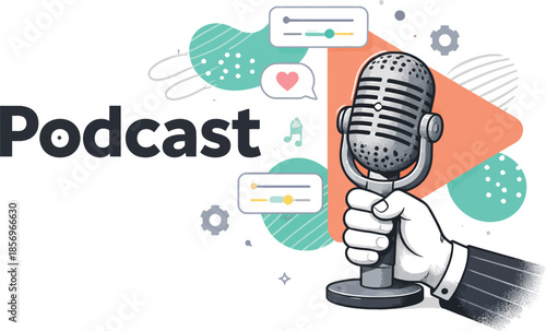 Podcast Broadcasting Hand Holding Vintage Microphone with Abstract Digital Media Background