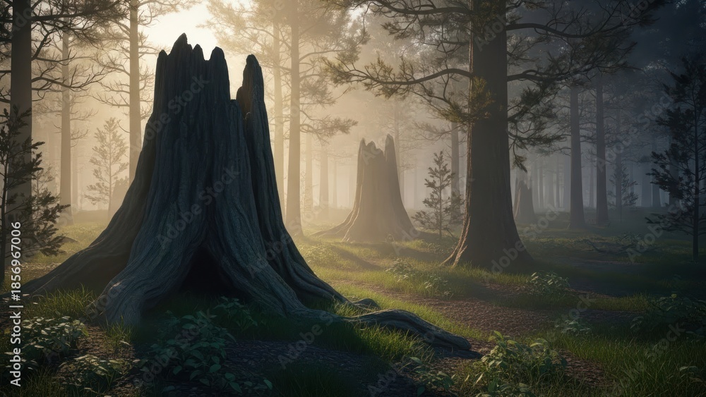 Naklejka premium Ancient tree stumps in a foggy forest with sunlight streaming through the trees