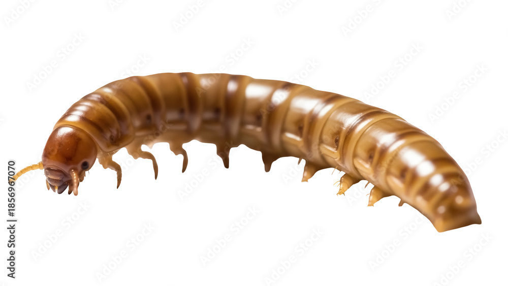 Obraz premium Brown mealworm larva isolated on transparent background, insect pest for animal feed and bait PNG, entomology specimen