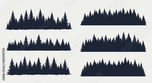 Collection of various pine tree silhouettes.