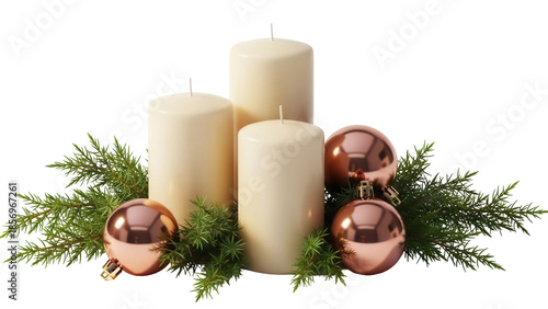 Fotografija Festive Christmas centerpiece with candles and ornaments isolated PNG, holiday d