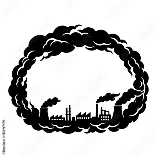 Industrial skyline with smoke and pollution in silhouette. Factories emit dark smoke into the atmosphere, creating a dramatic scene of industrial activity and environmental concerns.