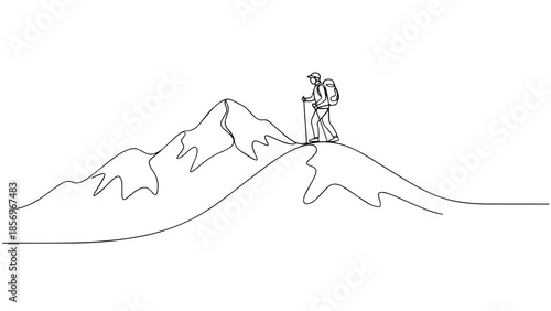 Outdoor adventure with hiker trekking on mountain peak in minimalist style, showcasing determination and exploration spirit. Outdoor adventure encapsulates pursuit of nature and personal growth.