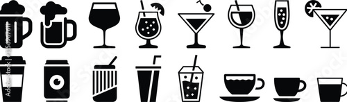 drinkware icons featuring beer mugs, wine glasses, cocktails, coffee cups, soda cans, and teacups for beverage design and branding projects