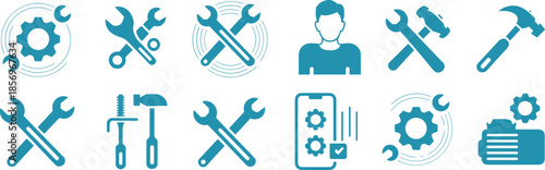 Maintenance and repair service icon set with tools, technician, settings, and gear symbols, flat blue vector collection for app UI, web design, and technical support concepts