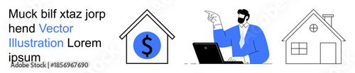 Homeownership, remote work, real estate finance, economic housing, property investment, digital business. A professional gestures at a laptop near a house. Homeownership and remote work theme