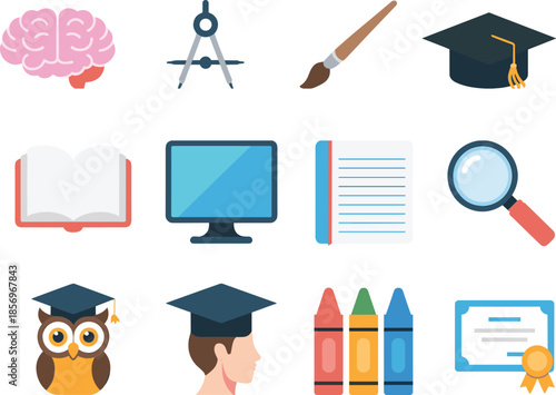 Education and learning icon set featuring brain, books, graduation cap, computer, art tools, and school supplies, modern flat vector symbols for academic design projects