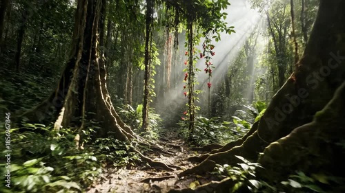 Smooth POV moving shot progressing along a jungle trail where bright sunlight beams dappled through the heavy overhead forest canopy smooth, tropical, canopy