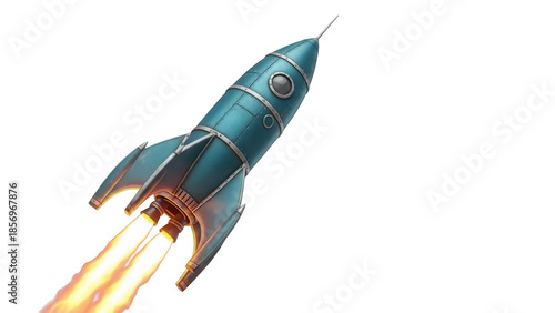 фотографія Retro blue rocket ship taking off isolated PNG, vintage space vehicle with flame