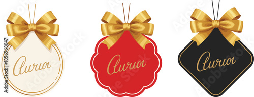 Elegant luxury gift tag illustration set with golden bows and labels in red, black, and white colors, premium festive branding vector design style