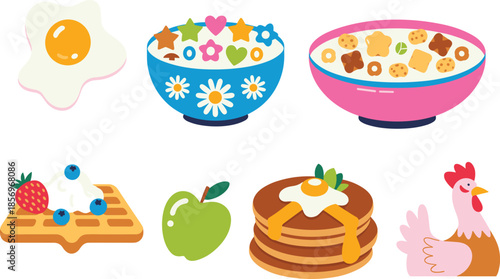 Cute breakfast food illustration set featuring egg, cereal bowls, pancakes, waffles, fruit, and chicken, colorful flat vector style for kids menus