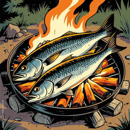 vector image of grilled fish cooked on a campfire