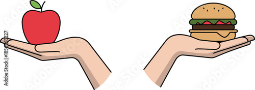 Healthy vs Unhealthy Food Choice Illustration – Apple and Hamburger in Hands for Nutrition, Diet Awareness, and Lifestyle Decision Concepts