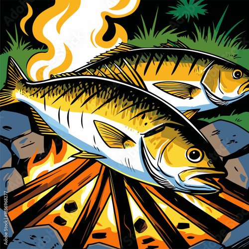 vector image of grilled fish cooked on a campfire