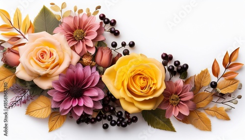 Autumnal Floral Corner Bouquet With Yellow And Pink Roses And Dark Berries Isolated On White