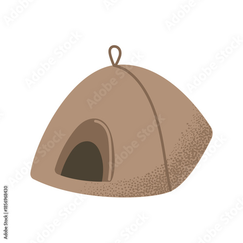 Cozy brown cat tent for comfortable animal rest. Stylish pet cave for modern home interiors. Ideal for pet shop branding and vet clinic marketing. Simple flat vector illustration