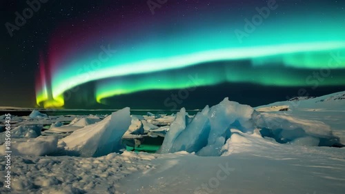 vBlue aurora reflecting on icy landscape, cinematic natural beauty with strong luminance