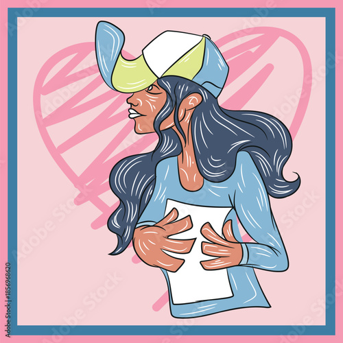 Design of a girl with a fashionable element, such as a cell phone or reading a letter, reflecting the current lifestyle, background with a sketched heart.