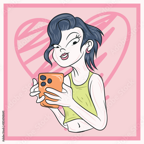 Design of a girl with a fashionable element, such as a cell phone or reading a letter, reflecting the current lifestyle, background with a sketched heart.