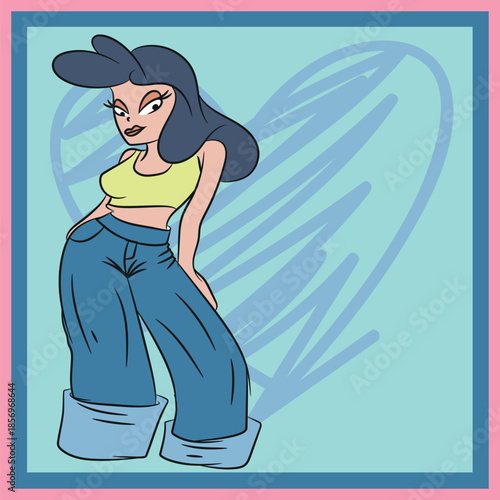 Design of a girl with a fashionable element, such as a cell phone or reading a letter, reflecting the current lifestyle, background with a sketched heart.