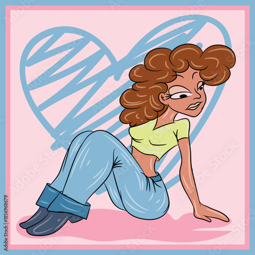 Design of a girl with a fashionable element, such as a cell phone or reading a letter, reflecting the current lifestyle, background with a sketched heart.