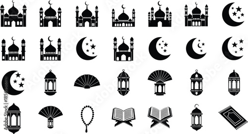 Mega Set of 28 Islamic Icons Including Mosque Architecture, Quran, Prayer Beads, and Traditional Paper Fans
