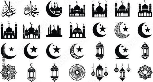 Diverse Islamic Graphic Elements with Calligraphy, Geometric Ornaments, Patterned Moons, and Mosque Silhouettes