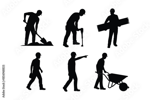 Construction worker silhouettes engaged in manual labor tasks