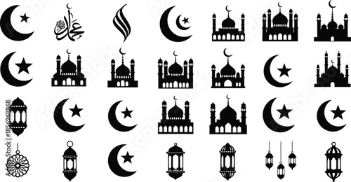 Islamic Icon Set for Ramadan and Eid Featuring Mosques, Crescent Moons, and Traditional Lanterns