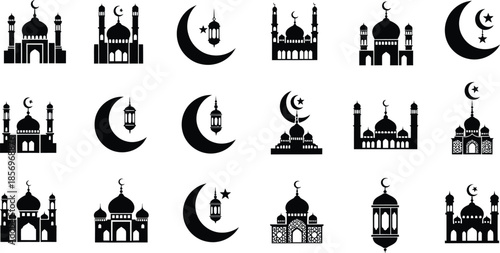 Extensive Collection of Mosque Architecture Silhouettes and Crescent Moons with Hanging Lanterns for Ramadan Design
