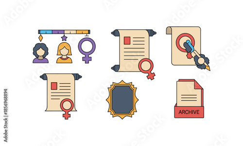 Bundle Women's History Month icon set with document and female symbol