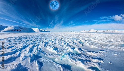 A Vibrant Blue Earth Hovers Over An Icy Snow Covered Arctic Landscape Under A Bright Blue Slightly Cloudy Sky
