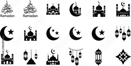 Black Silhouette Icons for Ramadan Featuring Mosques, Diverse Crescent Moon Designs, and Lanterns
