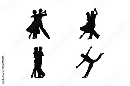 Elegant dancing couple and solo dancer silhouettes in motion