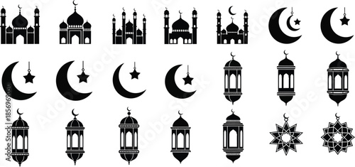 Minimalist Black Silhouettes of Mosque Architecture, Crescent Moons, and Oriental Lantern Icons